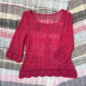 Hot Pink Crochet ¾ Sleeve Top - M/L